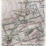 Výrez z historickej mapy z r. 1833 – banský polohopis baní v severnej časti Vŕškov (bane Svornosť, Trojkráľová, Narodenia Panny Márie, Terézia a František)