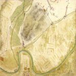 Výrez z historickej mapy z r. 1750  znázorňujúcej baníctvo v okolí Gupne a Mýtneho vrchu, s vyznačením vodných jarkov  a technických zariadení v blízkostí baní.