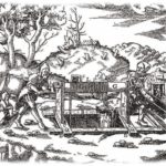 Ilustrácia plytkého podpovrchového dobývania rúd v stredoveku  od J. Agricolu z r. 1556.